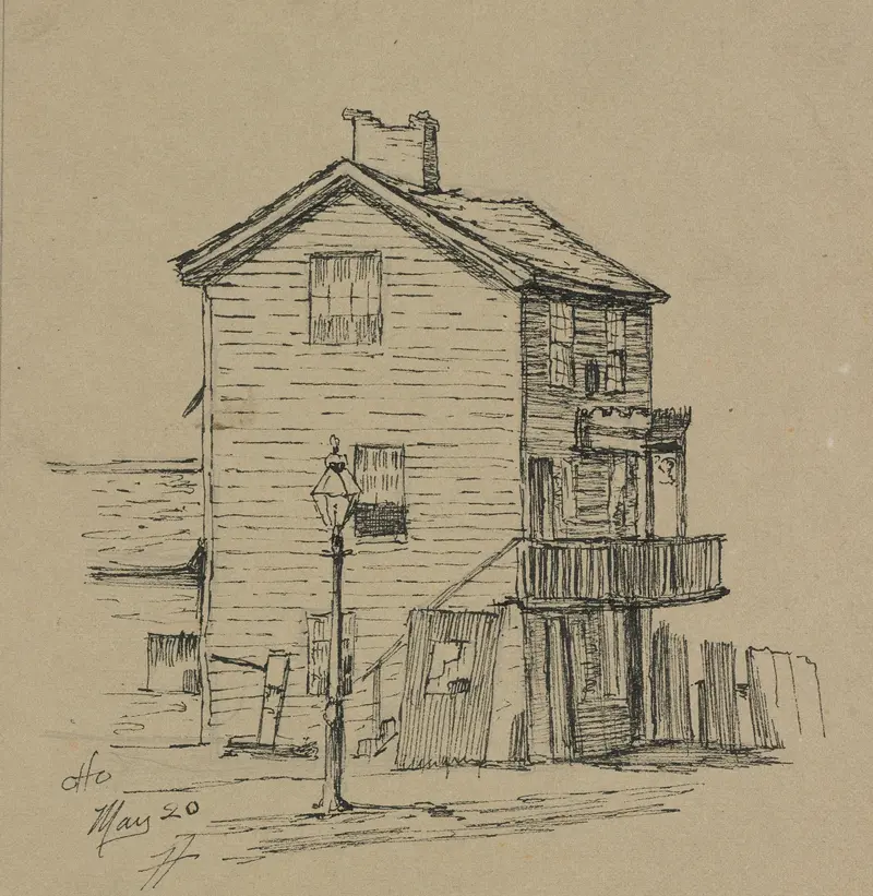 Watercolour by Otto Henry Bacher depicting an old house in a landscape with light and shadow.