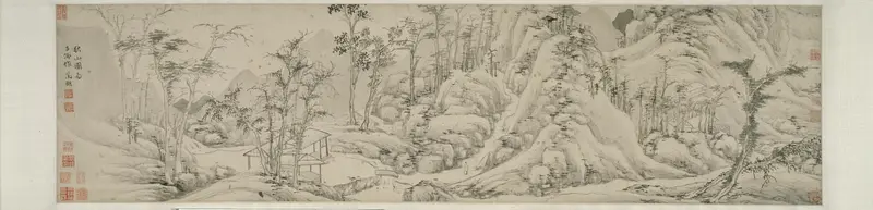 Tranquil autumn landscape with mountains by Wen Zhengming, ink on paper