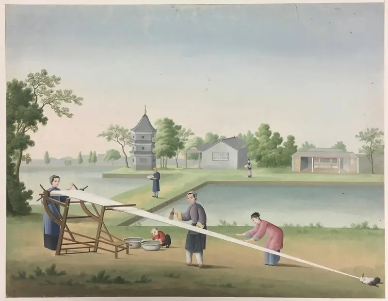 Figurative artwork of a woman preparing silk, paper medium by China