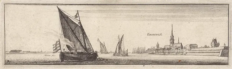 Rivierlandschap met gezicht op Emmerich, etching by Wenceslaus Hollar
