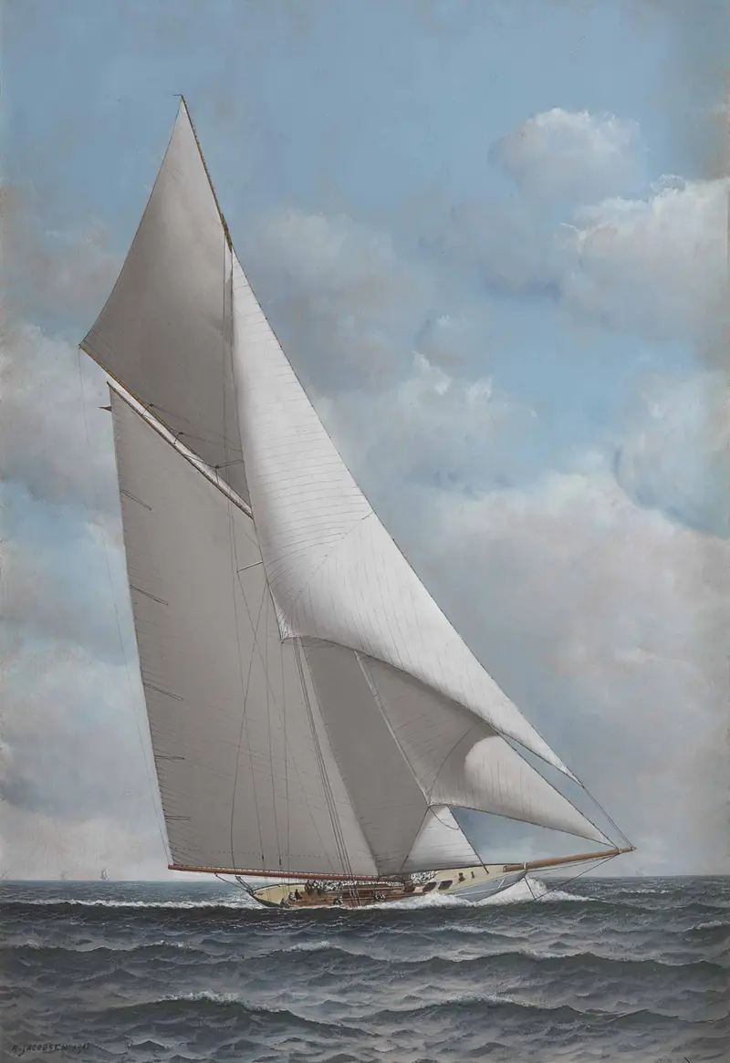 A yacht with expansive sails navigating dark waves under a broad sky filled with clouds.