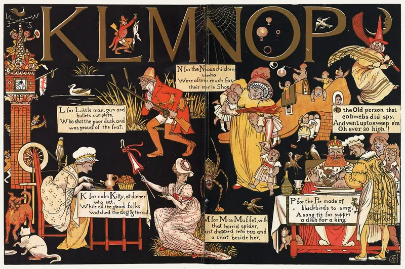 Walter Crane's 'The Absurd A.B.C Pl 4' features whimsical illustrations that engage with themes of childhood and education.