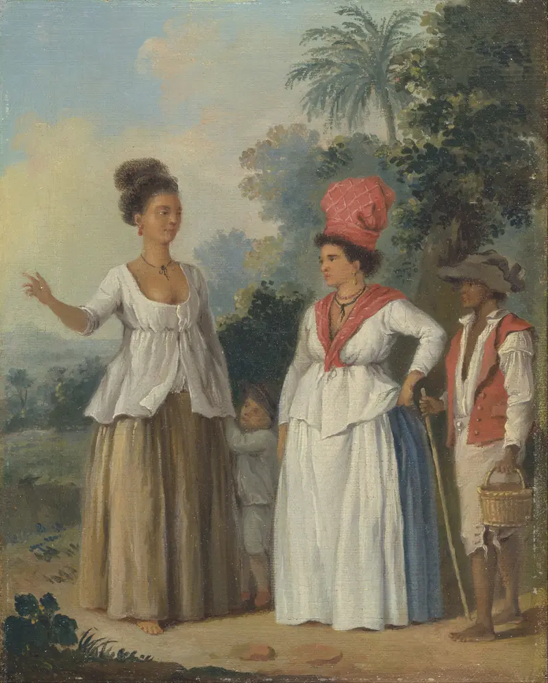 Three adults and a child in a lush landscape, with distinct postures and attire, reflecting identity and hierarchy.