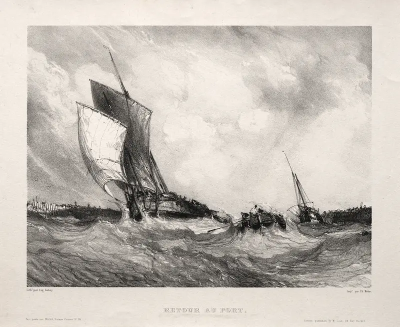Marine scene with boats swaying in the harbor, oil painting by Eugène Isabey