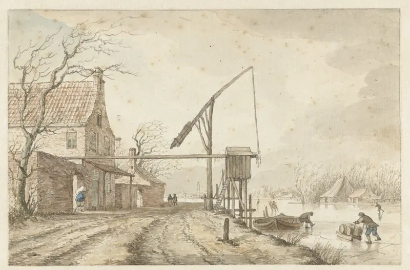 Winter landscape with houses and frozen waterway by Jacob Cats, oil painting