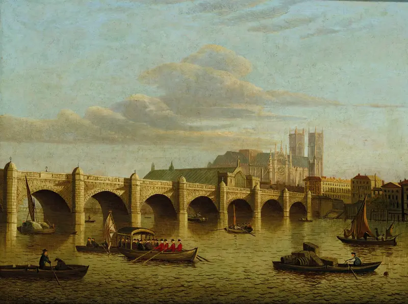 Westminster Bridge by Follower Of Sir John Dean Paul, oil painting depicting a river landscape at dawn.