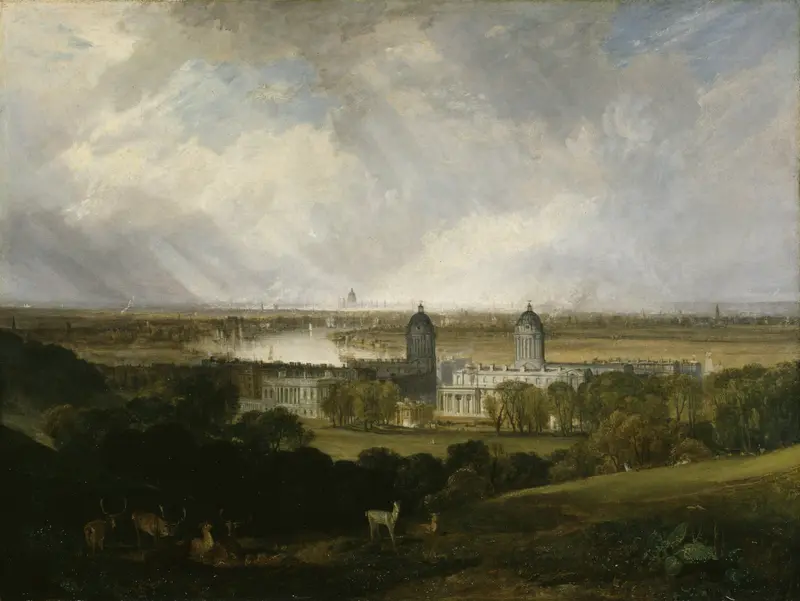 A panoramic view from Greenwich Park showing deer in the foreground, classical buildings with domes, the River Thames, and London’s skyline under a cloudy sky.