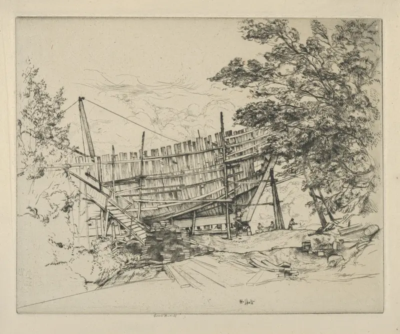 Genre scene of shipbuilding by Ernest Haskell, medium unknown