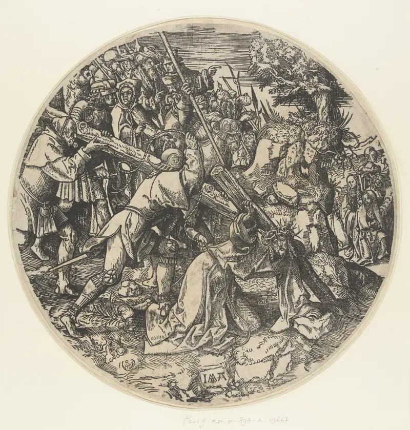 Kruisdraging by Jacob Cornelisz van Oostsanen, paper, depicts a solemn crucifixion procession.