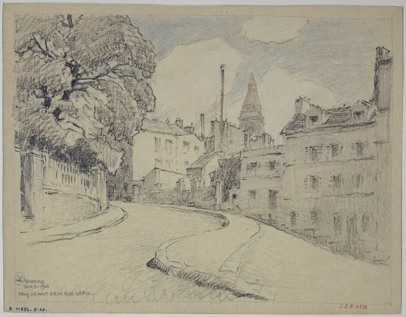 Rue Lepic à Montmartre by Ferdinand Boberg, oil on canvas depicting a twilight street scene.