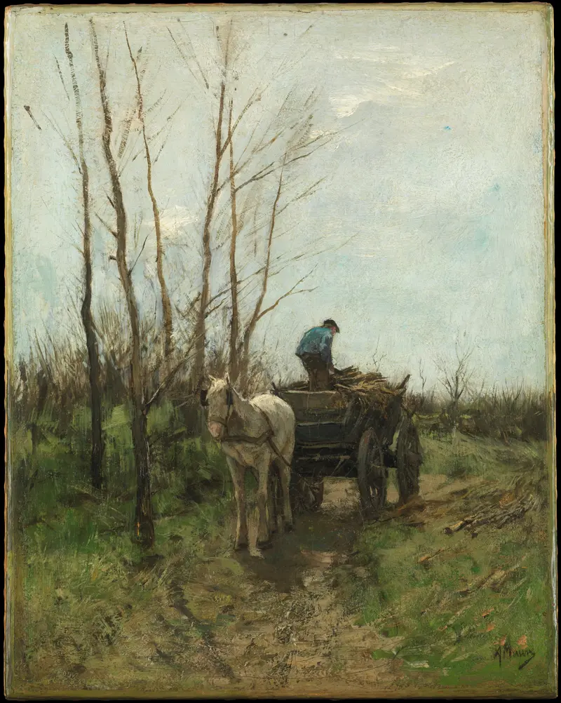 Oil painting by Anton Mauve depicting figures gathering wood in a serene forest.