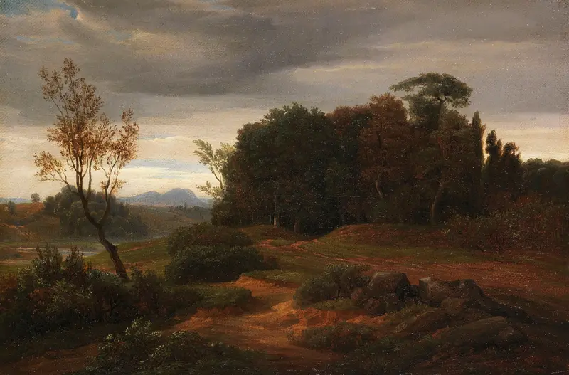 Stürmische Landschaft by Johann Wilhelm Schirmer, oil on canvas depicting a stormy landscape with swirling clouds.