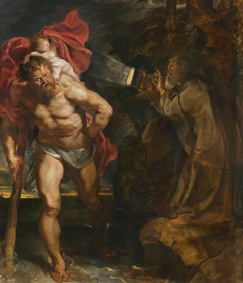 Saint Christopher carries the Christ Child across turbulent waters, guided by a hermit with a lantern.