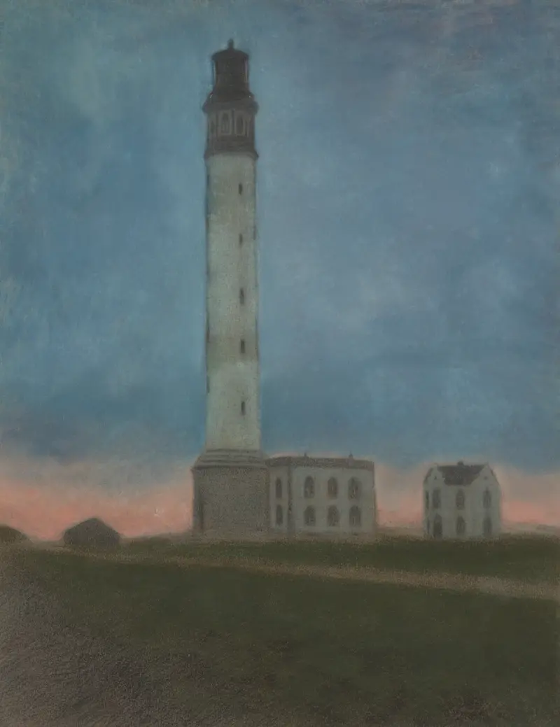 Léon Spilliaert's oil painting of a lighthouse at dawn over the ocean.