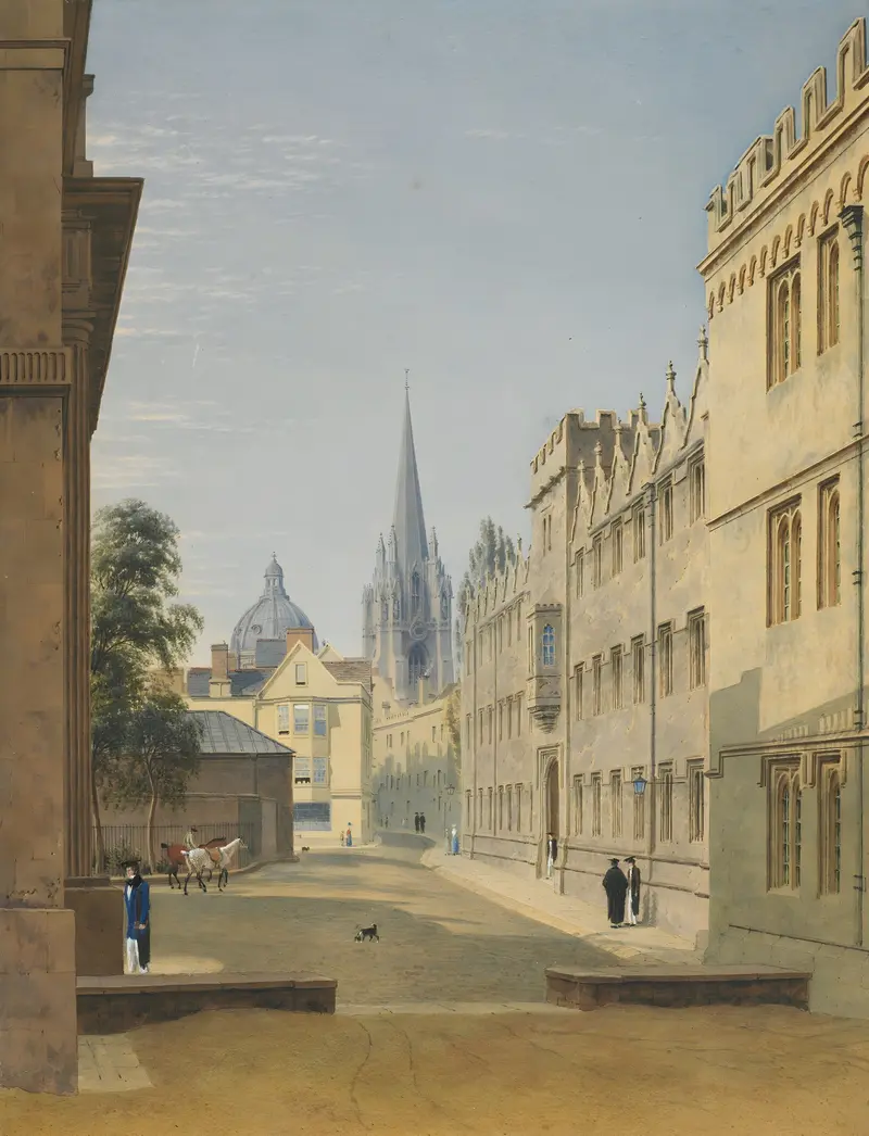 Oriel College, Oxford by Joseph Murray Ince, oil on canvas, featuring grand architecture under a pastel sky.