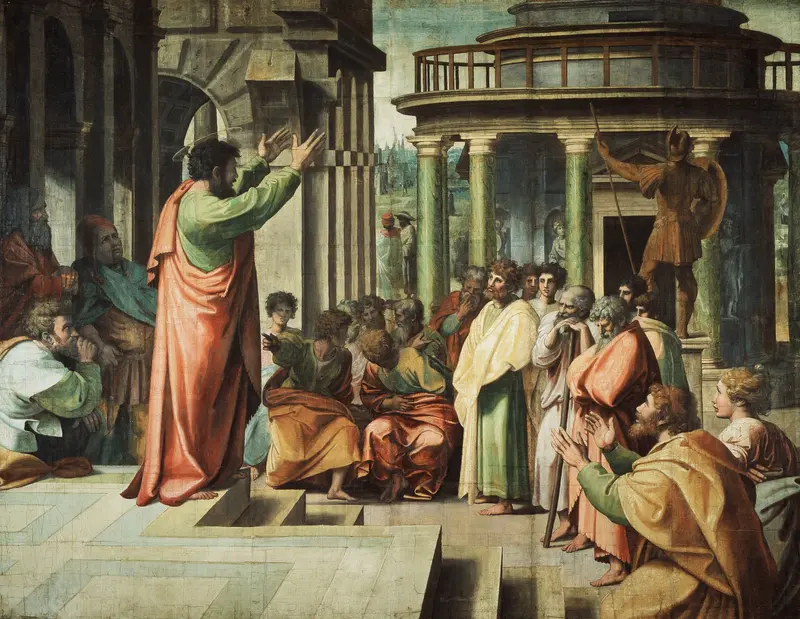 St Paul preaching at Athens by Raphael, depicting the Apostle addressing Athenian philosophers.