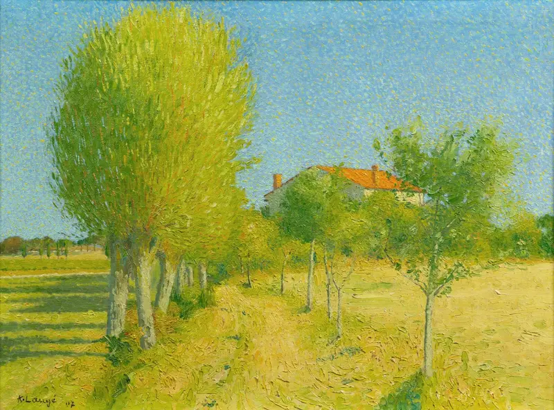 L’allée de saules derrière l’Alouette à Cailhau by Achille Laugé, oil painting depicting a tranquil path with willows.