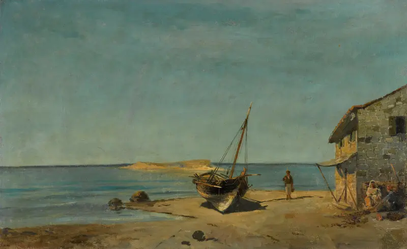 The Fisherman’s Home On The Beach by Konstantinos Volanakis, realism, depicts a rustic hut on the beach at dusk.