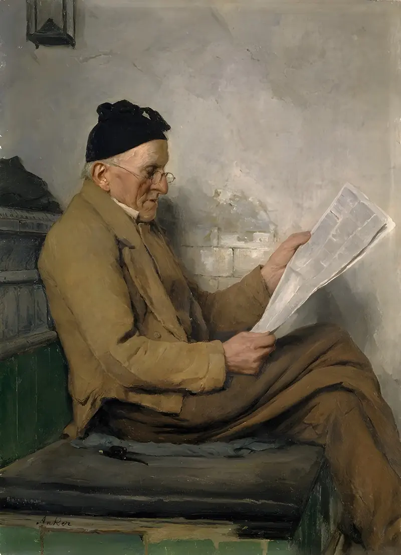 A farmer reads quietly on a stove bench in this intimate scene by Albert Anker.