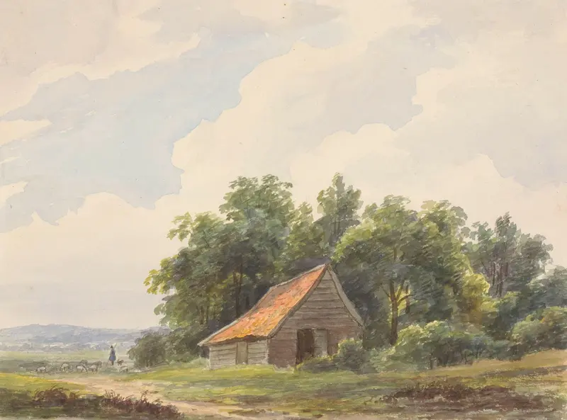 Landscape with barn and shepherd with sheep by Andreas Schelfhout, oil painting