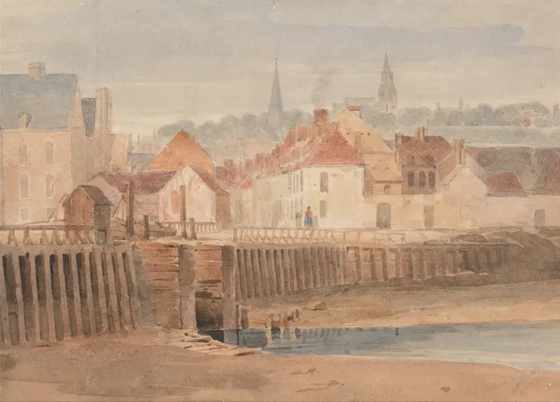Boulogne Harbor by Richard Parkes Bonington, oil painting of a tranquil marine scene.