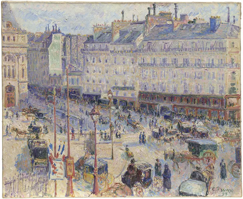 The Place du Havre, Paris by Camille Pissarro, oil painting of a bustling street scene.
