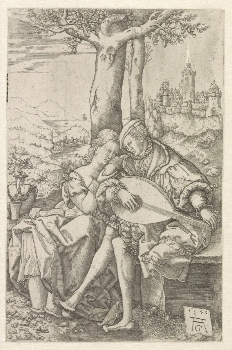Couple under a tree in an engraving by Monogrammist AC
