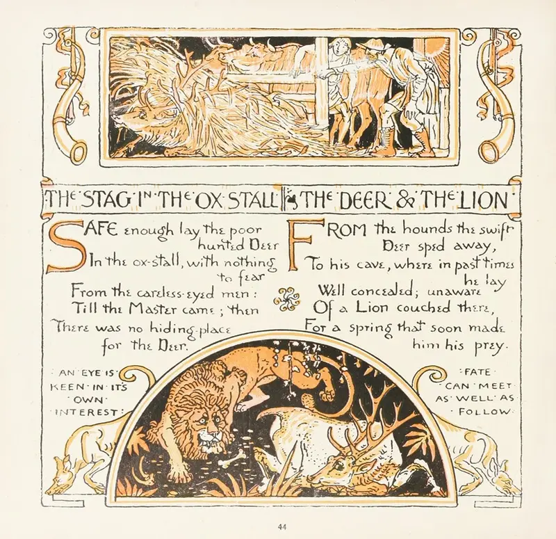 A painting depicting a stag in an ox-stall alongside a deer and a lion.