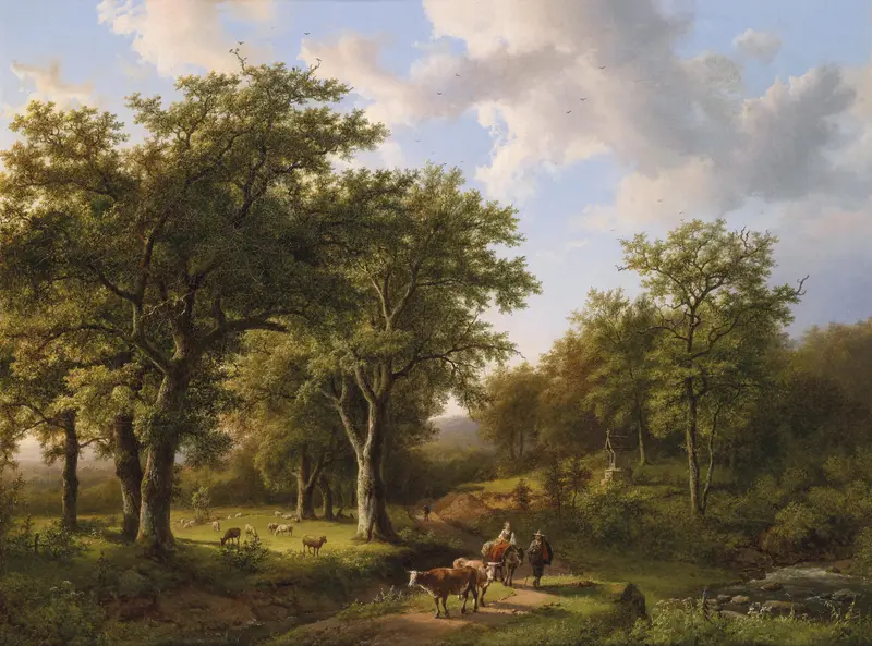 Waldlandschaft mit Hirten und Vieh by Barend Cornelis Koekkoek, oil painting of a landscape with shepherds and cattle.