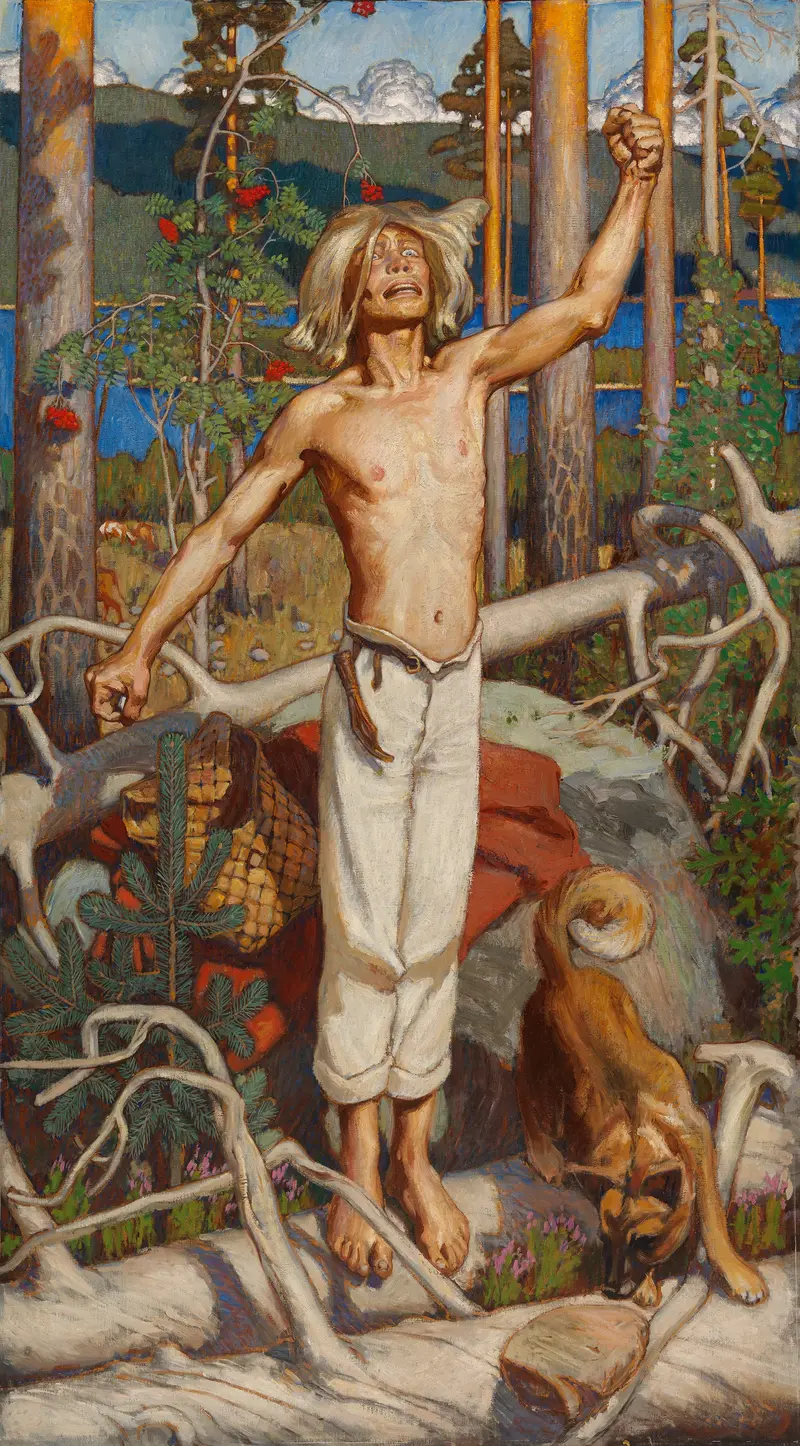 A figure with outstretched arms, expressing raw emotion against a backdrop of a blue lake and dense pine woods.