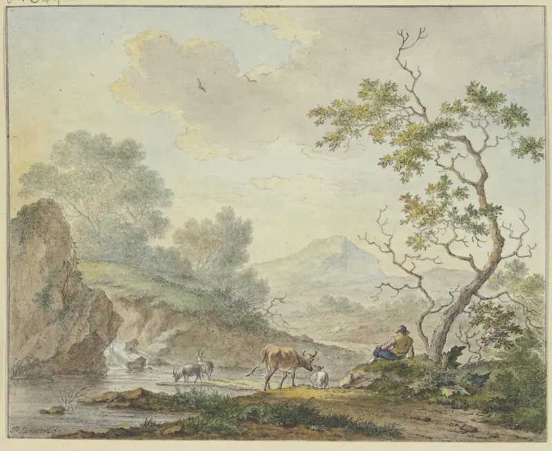 Oil painting by Johannes Christiaan Janson depicting a shepherd with a cow and goats near a waterfall.
