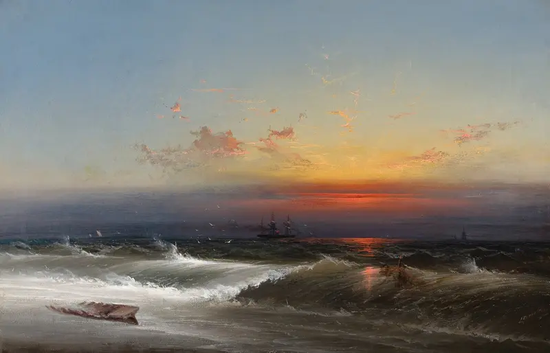 Evening on the Seashore by James Hamilton, oil painting depicting a sunset over the Philadelphia Harbor.