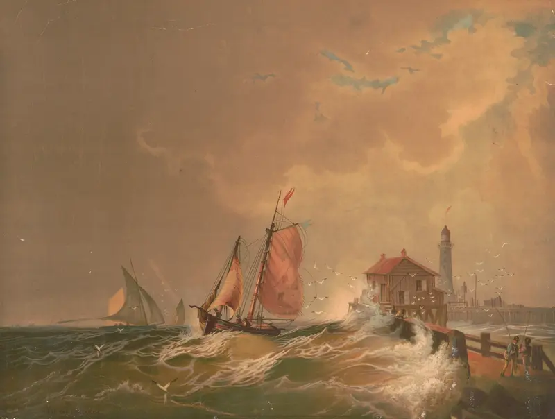 Coastal landscape with a lighthouse, lithograph by Krebs Lith. Co