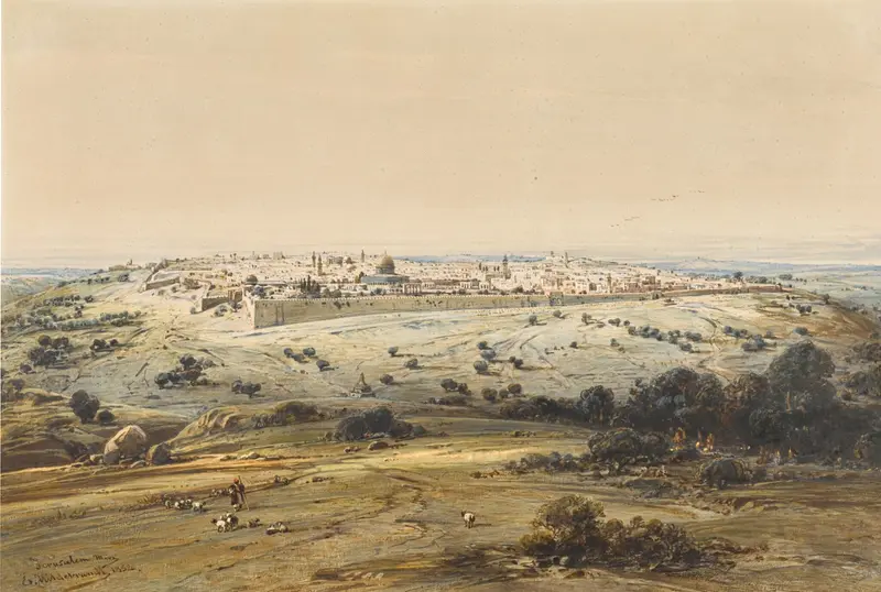 Jerusalem from the Mount of Olives, oil on canvas by Eduard Hildebrandt, featuring olive trees and ancient city walls.