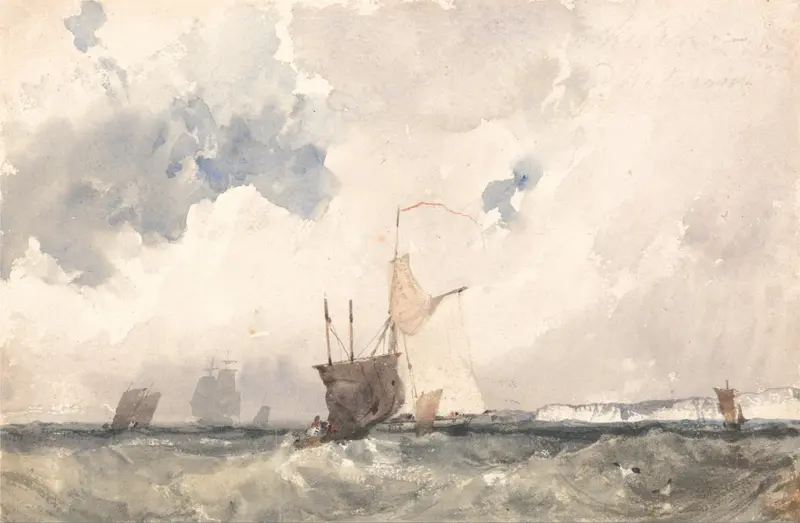 Vessels in a Choppy Sea, oil on canvas by Richard Parkes Bonington, depicting turbulent waves and ships.