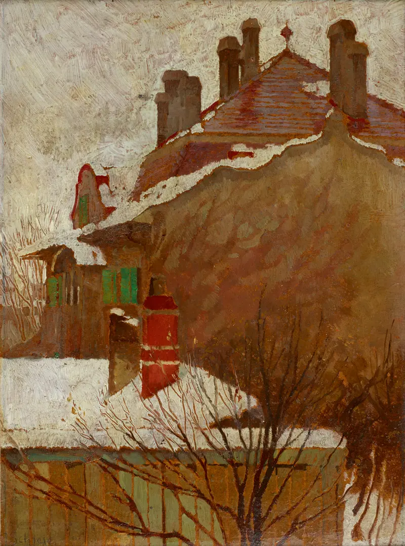 Häuser im Winter, oil on canvas by Egon Schiele, featuring angular houses in a winter landscape.