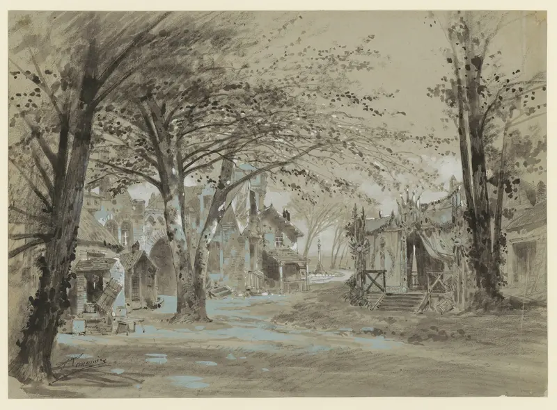 Genre scene with flags and a town entrance, ink on paper by Alfred Lemeunier