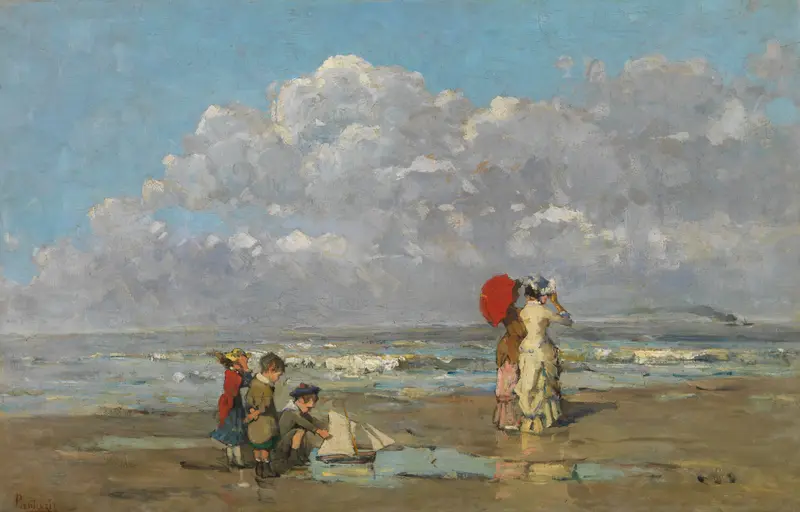 Marine scene with waves and sand by Pericles Pantazis, oil on canvas