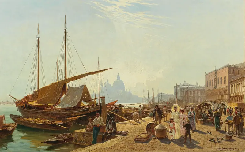 Die Riva schiavoni in Venedig by Ludwig Hans Fischer, impressionism, depicting shimmering water and reflections.