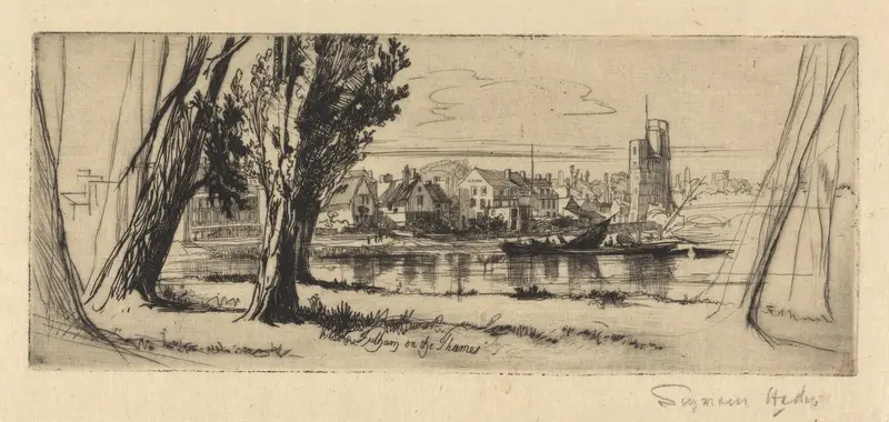 Etching by Francis Seymour Haden depicting the Thames river at dusk