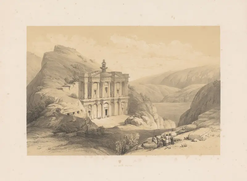 El Deir, an architecture scene by François Stroobant, oil painting depicting Petra's ancient ruins.
