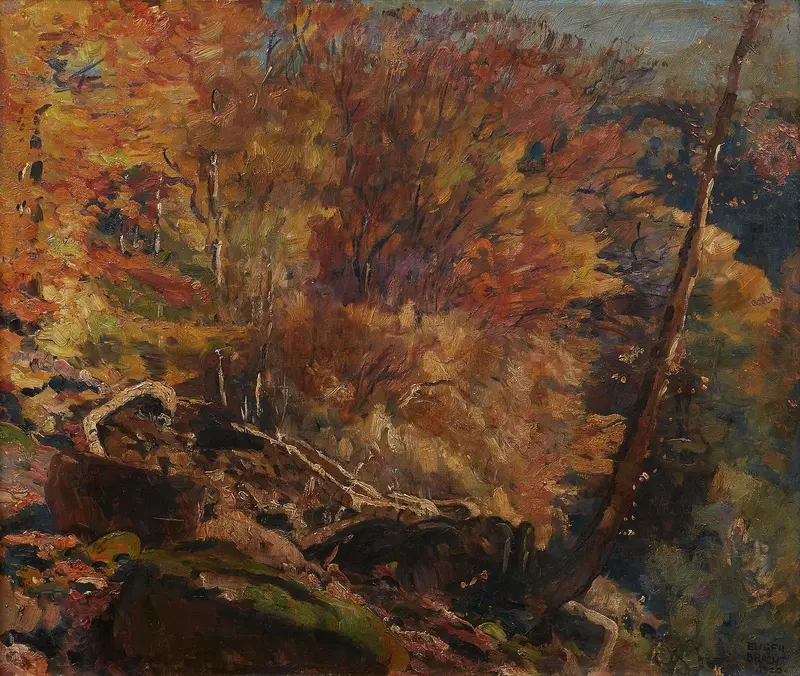 Felsiger Wald by Eugen Bracht, oil painting depicting a dense forest with rocky trees.