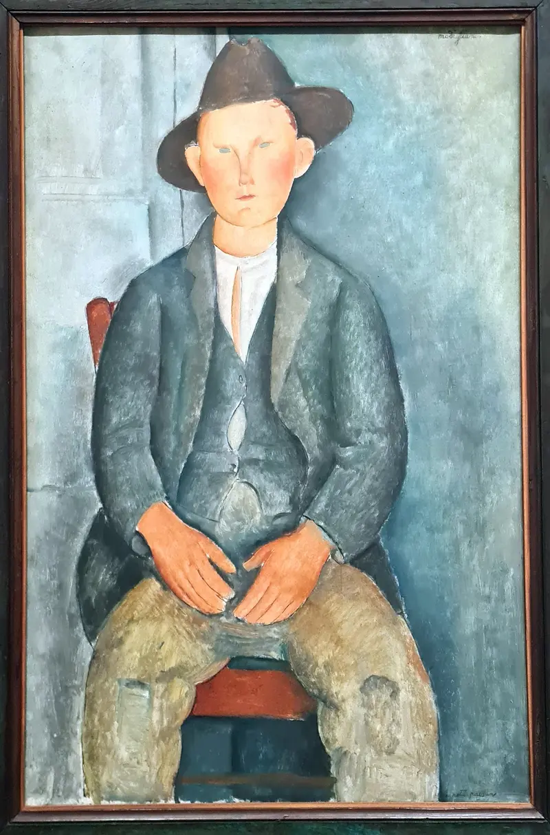 Amedeo Modigliani's 'The Little Peasant' features a young boy with an elongated neck and almond-shaped eyes.