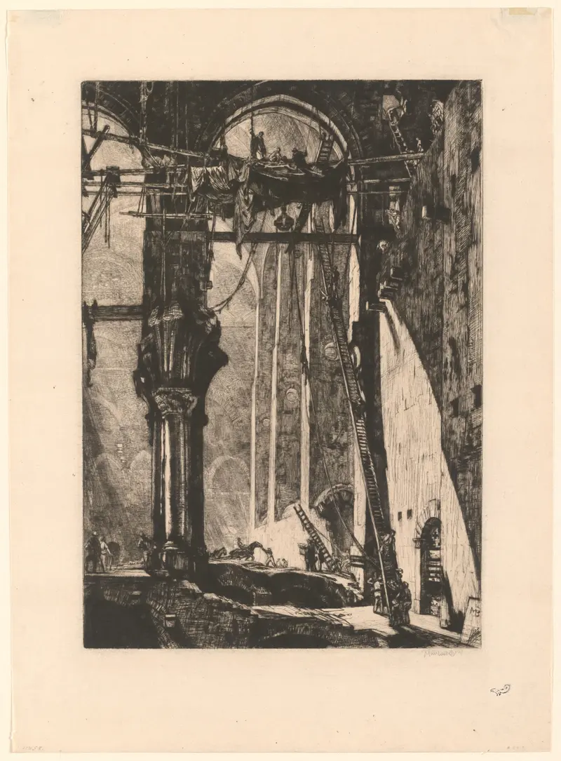 Interior view of ruins in ink on paper by Muirhead Bone