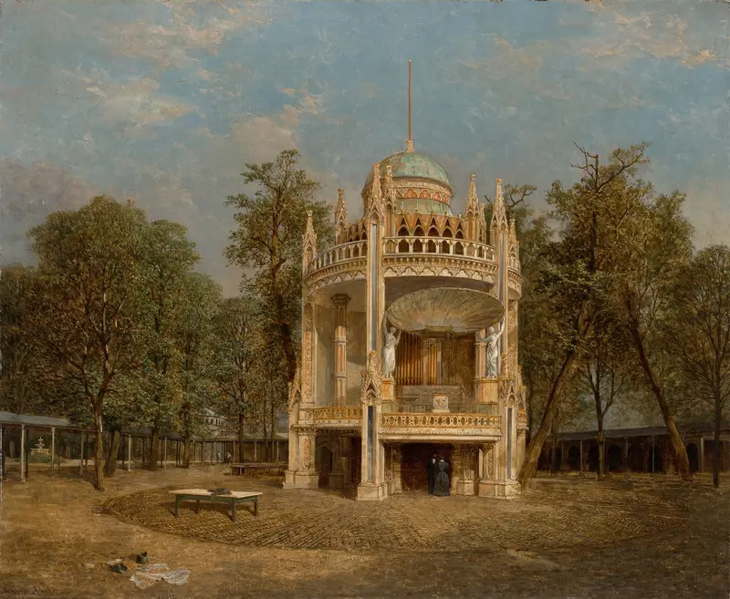 Genre scene with a bandstand and figures in a garden, oil painting by Henry Pether
