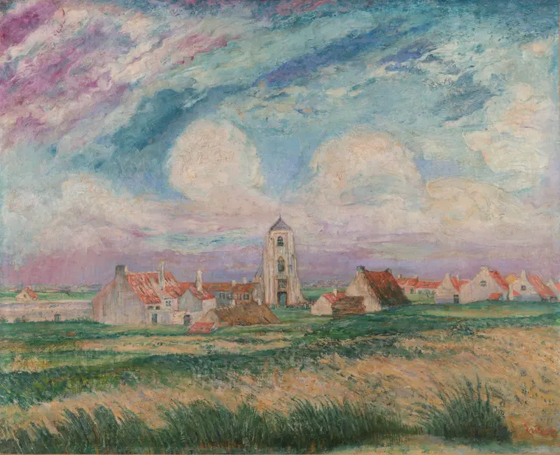 View of Mariakerke by James Ensor, landscape with water and sky in pastel colors.