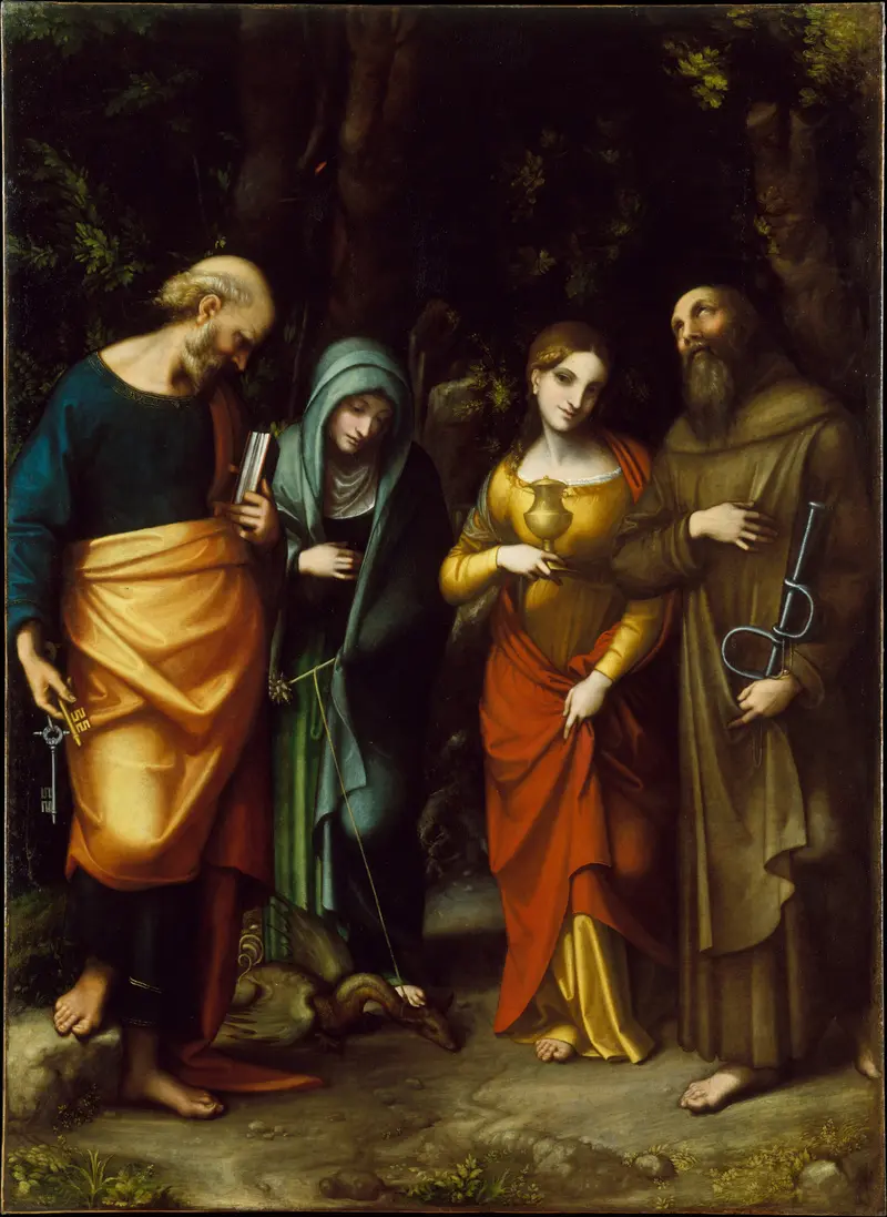 Correggio's painting depicts Saints Peter, Martha, Mary Magdalen, and Leonard in a serene celestial assembly.