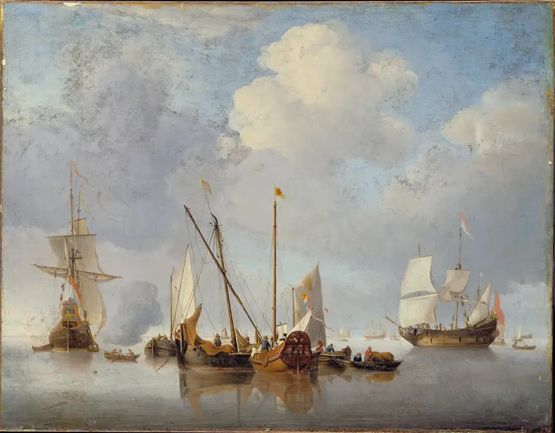 Marine scene with calm sea and ships, oil painting by Willem van de Velde the Younger