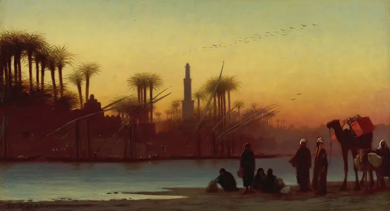 Oil painting by Charles Théodore Frère depicting a twilight landscape in Egypt