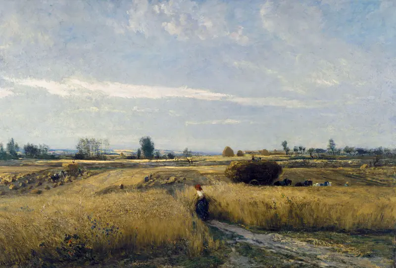 Harvest by Charles François Daubigny, oil painting depicting rolling hills and a vibrant sky.